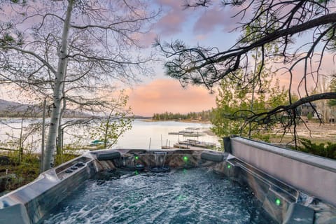 Hot tub with lake views.