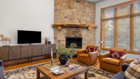 Living room with fireplace, TV, and sofa.