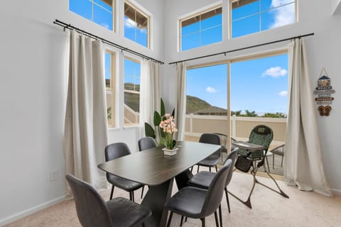 Mountain and ocean views from the dining area.