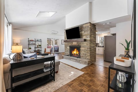 TV and fireplace in the living room.