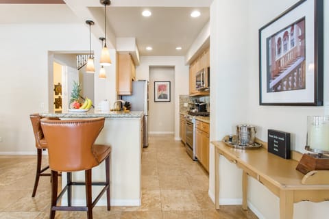 The galley-style kitchen with top-of-the-line appliances.