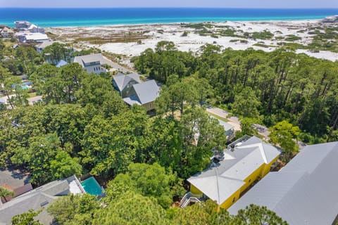 Aerial view of the coastal property surrounded by lush green trees near the beach.