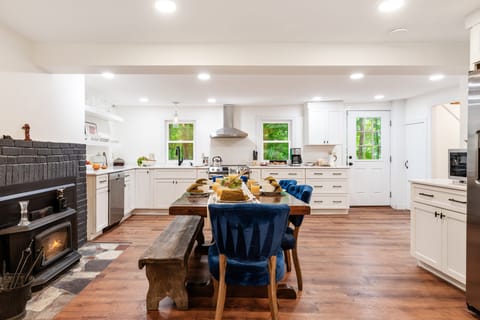 Dine by the fireplace.