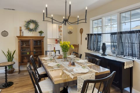 Elegant dining area set for six.