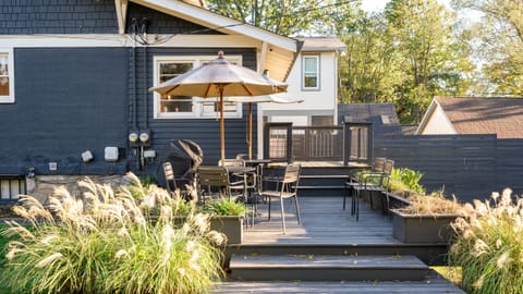 An inviting outdoor deck with al fresco dining.