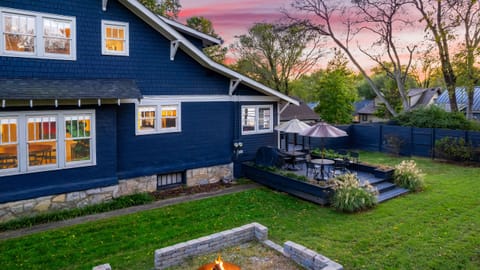 Elevated side view of the house and its private backyard.