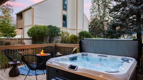 Outdoor deck with private hot tub, BBQ grill, and firepit.