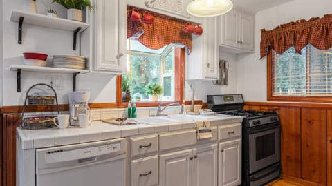 Close-up of the kitchen counter area with white cabinets, a sink, and a stove/oven.