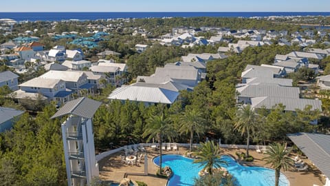 Aerial view of the community pool and the proximity to the beach.