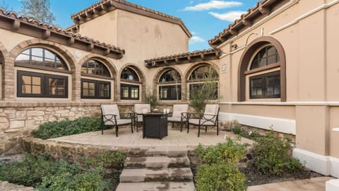 Stay warm by the fire pit area.