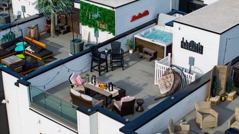 An elevated perspective highlighting the full layout of the outdoor gathering spaces.