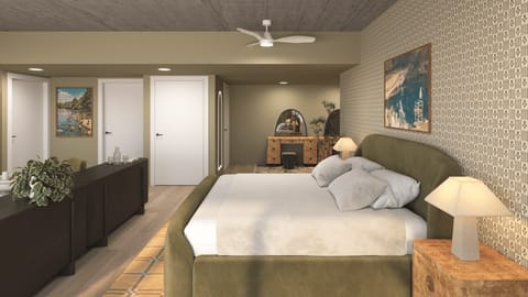 An open-plan design featuring a bed and contemporary interior aesthetics.