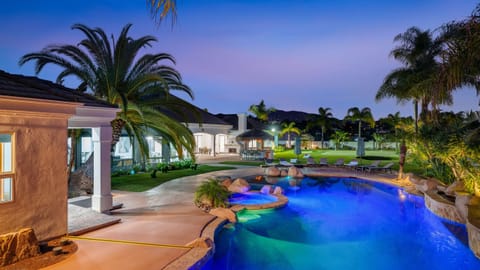 Resort‑style lagoon pool surrounded by palms and natural stone — a private Temecula oasis made for sun‑soaked relaxation.