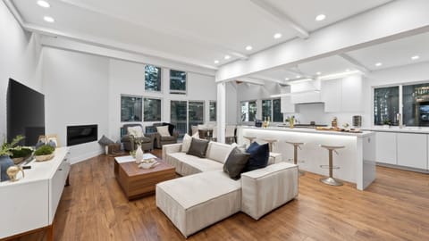 Open-concept luxury of the main floor, showing the relationship between the high-end kitchen, the cozy living area, and the forest views all in one shot.