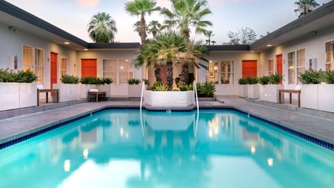 Palm-lined courtyard pool with lounge seating and a relaxed boutique-style setting.