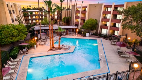 Resort-style community swimming pool surrounded by palm trees and complex grounds.