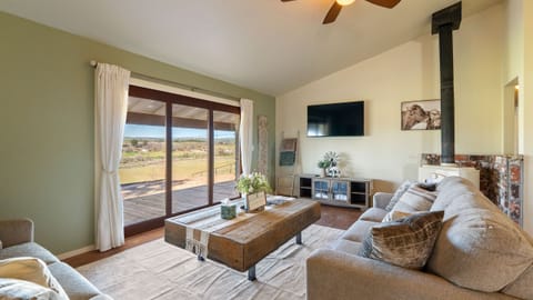 Living room centered on the wood stove and TV