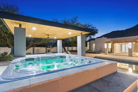 Property building, Patio, Night, Hot Tub, Pool view, Swimming pool