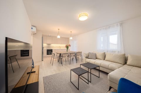 Kitchen or kitchenette, Living room, Seating area, Dining area