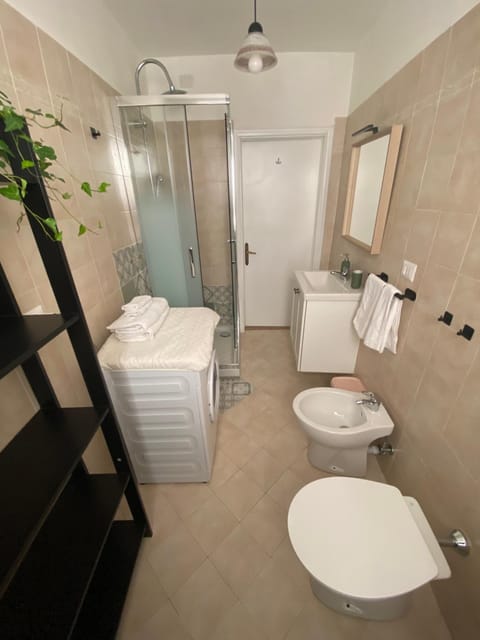 Shower, Toilet, Bathroom, bidet, towels, washing machine