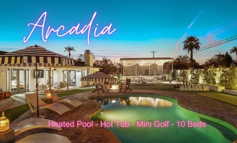 Property building, Night, Text overlay, Pool view, Swimming pool, sunbed