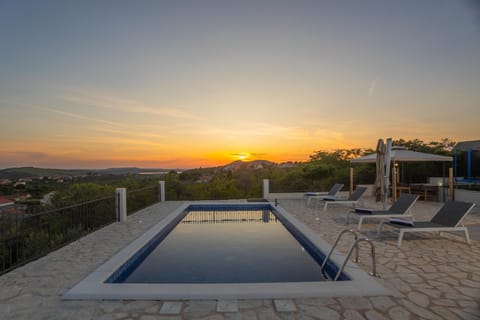 Natural landscape, Pool view, Swimming pool, Sunset, sunbed