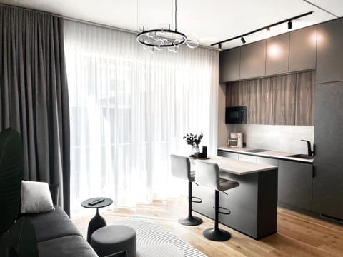 Kitchen or kitchenette, Living room, Seating area, Dining area