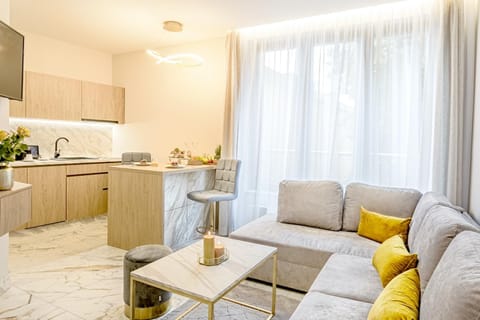 Kitchen or kitchenette, Living room, Seating area