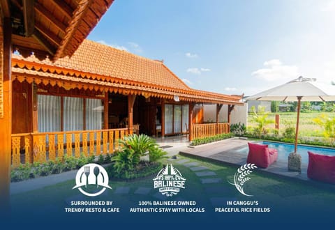 Property building, Garden, Text overlay, Garden view, Pool view, Swimming pool
