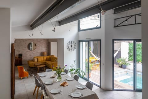 Patio, Dining area, Pool view