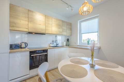 Kitchen or kitchenette, dishwasher, stove, toaster