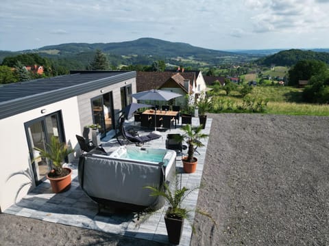 Property building, Patio, Day, Natural landscape, View (from property/room), Balcony/Terrace, Dining area, Mountain view