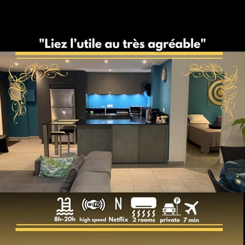 Kitchen or kitchenette, Text overlay