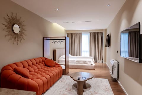 Bed, TV and multimedia, Living room, Photo of the whole room, Seating area, Bedroom