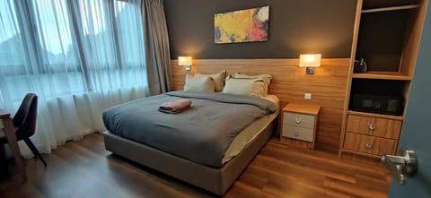 Bed, Bedroom, fireplace, towels, wardrobe, air conditioner