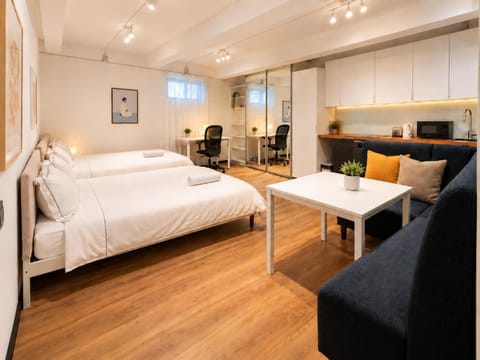 Bed, Kitchen or kitchenette, Living room, Dining area, Bedroom, dishwasher, flat iron, hair dryier, microwave, stove, wardrobe