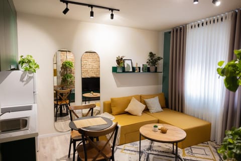 Kitchen or kitchenette, Living room, Seating area, Dining area