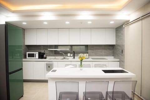 Kitchen or kitchenette, microwave, stove