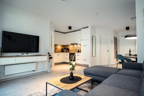 Kitchen or kitchenette, Living room, Seating area, Dining area