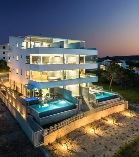 Property building, Night, View (from property/room), Balcony/Terrace, Pool view, Swimming pool
