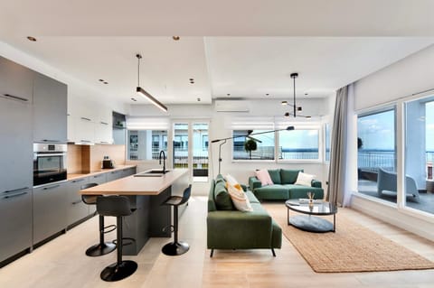 Kitchen or kitchenette, Living room, Seating area, Dining area