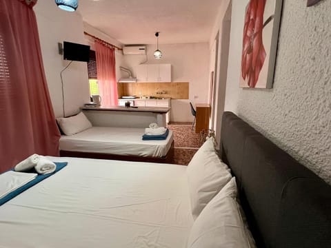 Bed, TV and multimedia, Kitchen or kitchenette, Photo of the whole room, Bedroom, towels