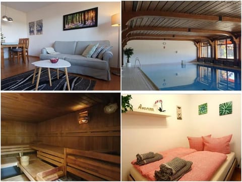 Sauna, Living room, Seating area, Bedroom, Swimming pool