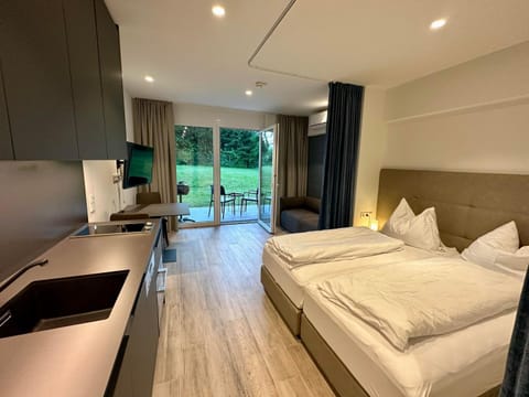 Bed, TV and multimedia, Kitchen or kitchenette, Living room, Photo of the whole room, Seating area, Dining area, Bedroom