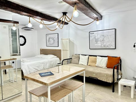 Bed, Living room, Dining area