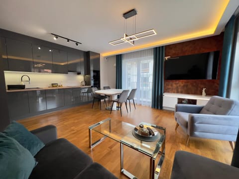 Kitchen or kitchenette, Living room, Seating area, Dining area