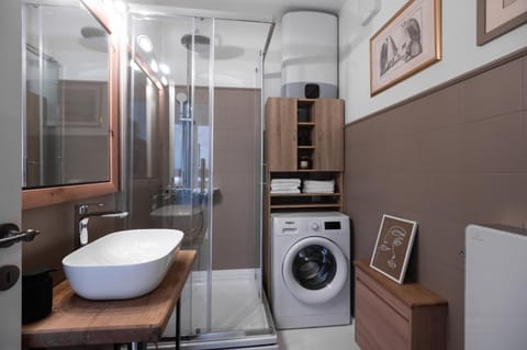 Bathroom, minibar, washing machine, dryer