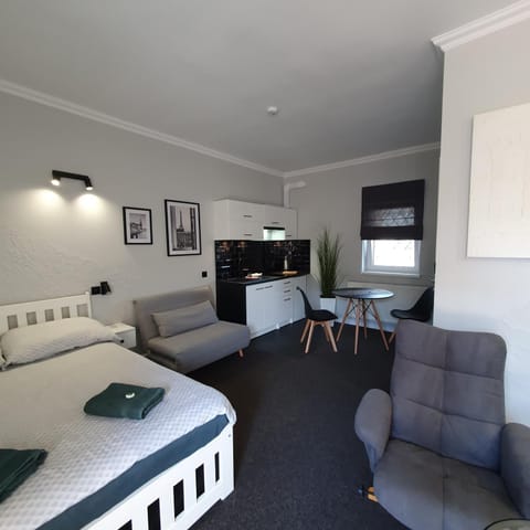 Bed, TV and multimedia, Kitchen or kitchenette, Photo of the whole room, Seating area, Dining area, Bedroom