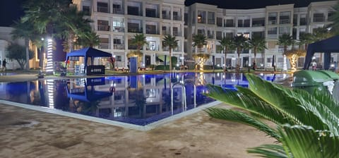 Property building, Night, Pool view, Swimming pool