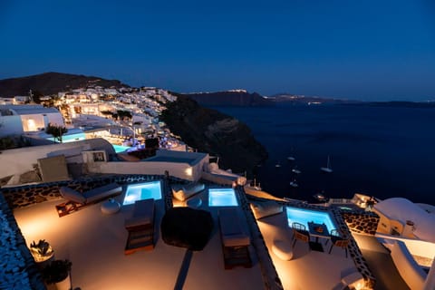 Property building, Patio, Nearby landmark, Night, Natural landscape, View (from property/room), Balcony/Terrace, Mountain view, Sea view, Swimming pool